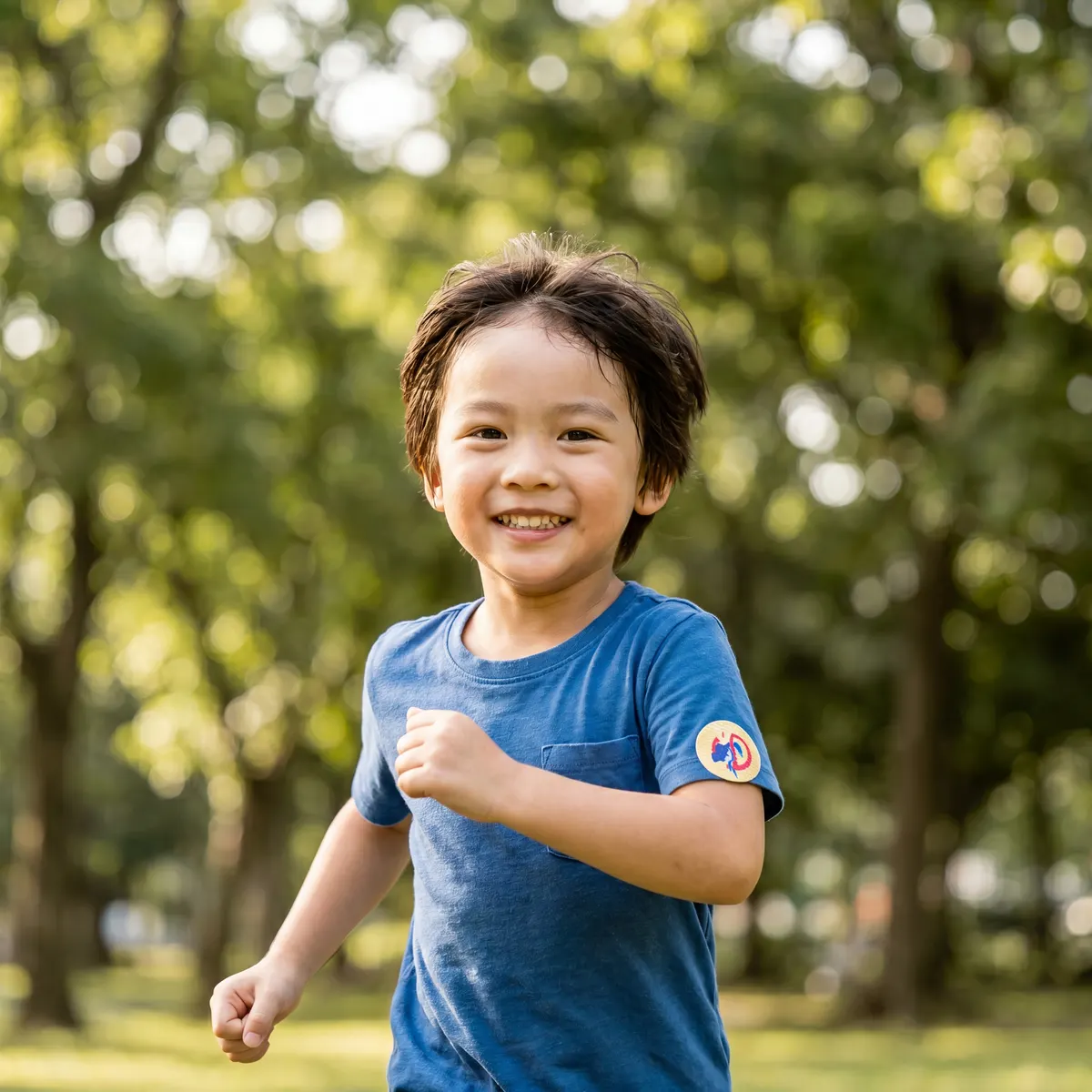 Smiling child running outdoors wearing a Luna mosquito repellent patch